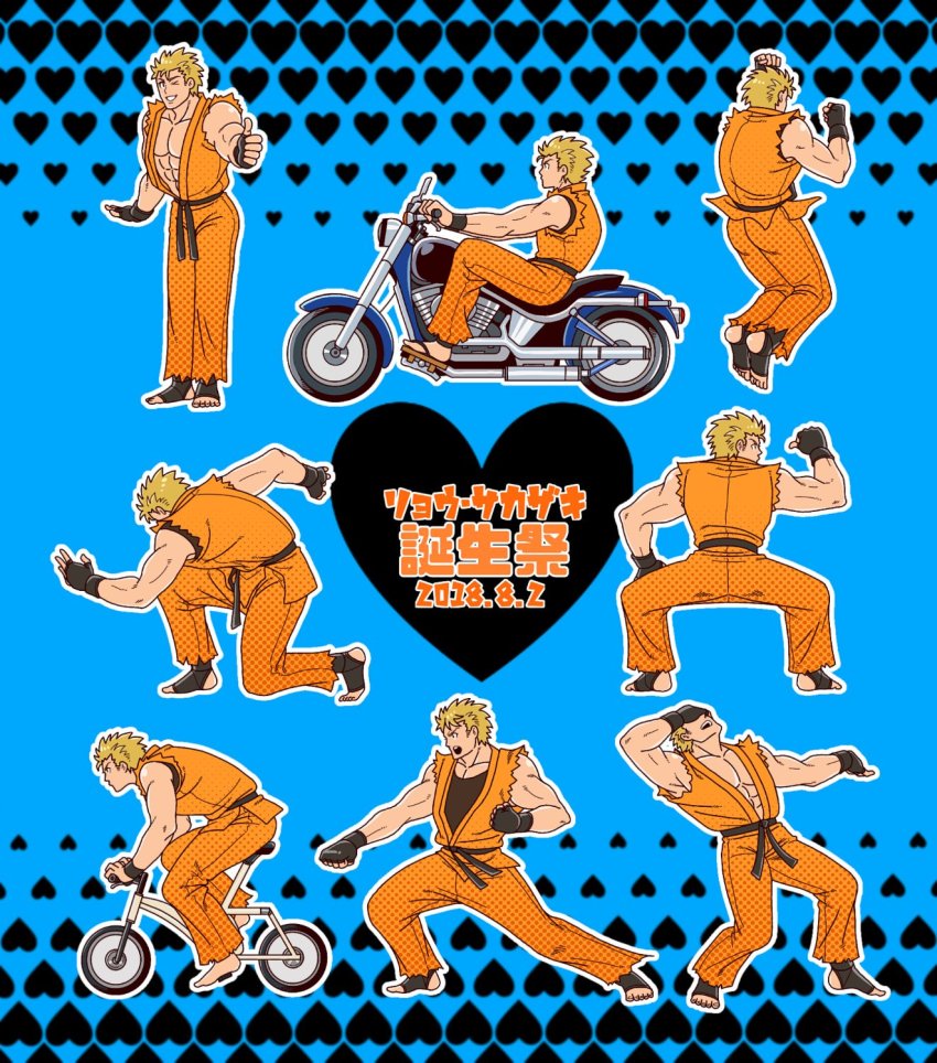 1boy belt black_belt blonde_hair blue_eyes dated dougi fingerless_gloves gloves highres karate male_focus martial_arts_belt miru_(mill_36) motor_vehicle motorcycle multiple_views on_motorcycle ryou_sakazaki ryuuko_no_ken short_hair thumbs_up