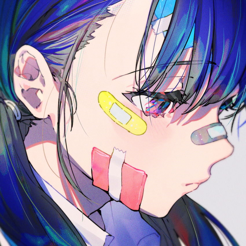 1girl bandaid bandaid_on_cheek bandaid_on_face bandaid_on_nose black_hair blue_hair blush closed_mouth commentary_request grey_background hair_between_eyes half-closed_eyes highres long_hair mika_pikazo multicolored_hair original portrait profile purple_eyes shirt simple_background solo white_shirt