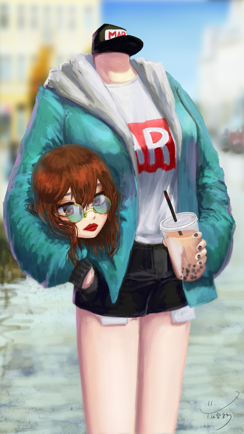 1girl black_hat black_nails black_shorts blurry blurry_background breasts brown_eyes brown_hair bubble_tea building double-parted_bangs drink dullahan green_hoodie hat headless highres holding holding_drink hood hoodie lipstick long_sleeves looking_at_viewer makeup medium_breasts medium_hair monster_girl original painterly portrait puffy_long_sleeves puffy_sleeves road round_eyewear severed_head shirt shorts signature street t-shirt yurakusai