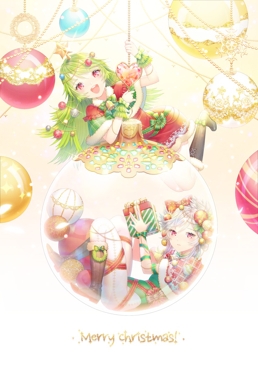 ! 2girls :d albino arm_ribbon bauble beads bell black_footwear boots bow bowtie box capelet christmas christmas_ornaments closed_mouth cross-laced_footwear dress english_text frown full_body fur_trim gift gift_box green_bow green_bowtie green_hair green_leotard green_ribbon hair_bow hair_ornament heart highres holding holding_gift holly in_container jewelry leotard long_hair looking_at_viewer merry_christmas mini_person minigirl mistletoe multiple_girls navel open_mouth original oversized_object pantyhose plaid red_bow red_dress red_eyes red_ribbon ribbon ribbon-trimmed_clothes ribbon_trim saban short_hair smile sparkle star_(symbol) striped_bow striped_bowtie striped_clothes striped_neckwear striped_ribbon swept_bangs teeth white_hair white_legwear wreath wrist_cuffs