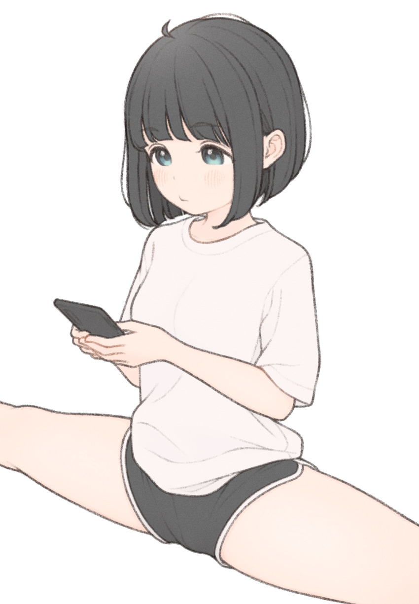 1girl 1ssakawaguchi absurdres black_eyes black_hair black_shorts blush bob_cut closed_mouth commentary_request dolphin_shorts highres holding holding_phone ichika_(1ssakawaguchi) looking_at_phone original phone shirt short_hair short_sleeves shorts side_sitting_split simple_background solo split stretching thighs white_background white_shirt