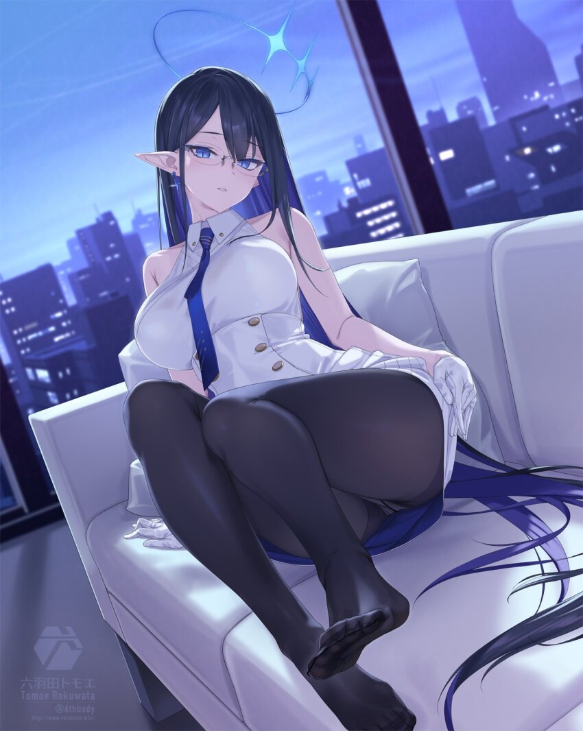 1girl bare_shoulders black_hair black_pantyhose blue_archive blue_eyes blue_hair blue_halo blue_necktie blue_sky breasts building city collared_dress colored_inner_hair couch dress glasses gloves halo highres large_breasts long_hair looking_at_viewer multicolored_hair necktie on_couch pantyhose pointy_ears rin_(blue_archive) rokuwata_tomoe sky sleeveless sleeveless_dress slit_pupils soles solo very_long_hair white_dress white_gloves