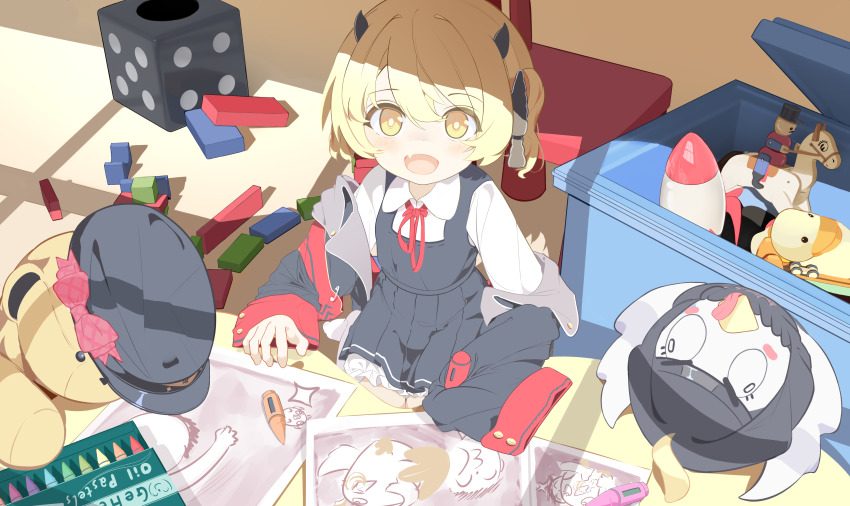 1girl absurdres bing_nuan_nuan black_coat black_dress black_horns black_ribbon blonde_hair blue_archive bow chair child coat commentary_request crayon demon_horns dice drawing_(object) dress fang hair_ornament hat highres horns ibuki_(blue_archive) long_sleeves looking_at_viewer open_clothes open_coat open_mouth peroro_(blue_archive) pinafore_dress red_bow red_ribbon ribbon scattered_paper sleeveless sleeveless_dress smile solo stuffed_animal stuffed_toy teddy_bear unworn_hat unworn_headwear wooden_horse yellow_eyes