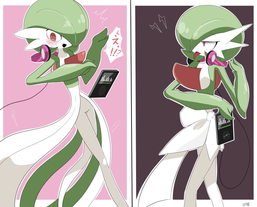 blush bob_cut colored_skin dress gardevoir gen_3_pokemon green_hair green_skin hair_over_one_eye headphones highres inb795 multicolored_skin multiple_views nintendo pink_eyes pokemon pokemon_(creature) simple_background tongue tongue_out two-tone_skin white_dress white_skin