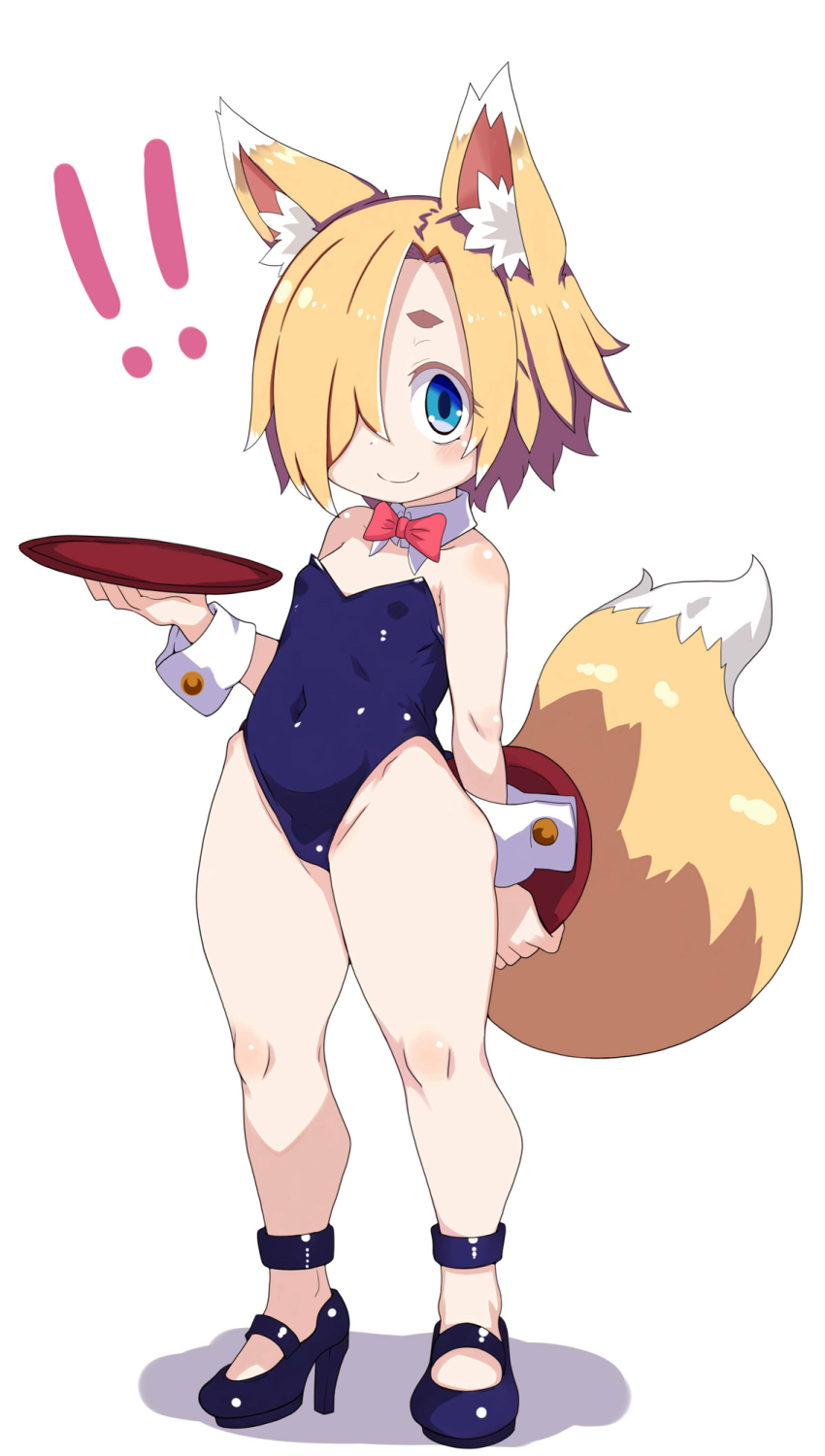 ! 1girl animal_ear_fluff animal_ears anklet blonde_hair blue_eyes blue_shoes blush blush_stickers bow bowtie closed_mouth collar covered_navel flat_chest fox_ears fox_girl fox_tail full_body groin hair_over_one_eye high_heels highres holding holding_tray jewelry leotard looking_at_viewer original playboy_bunny red_bow red_bowtie shadow shoes short_eyebrows short_hair simple_background smile solo stiletto_heels tail tray tsukinoha_mio white_background white_collar white_wrist_cuffs wrist_cuffs