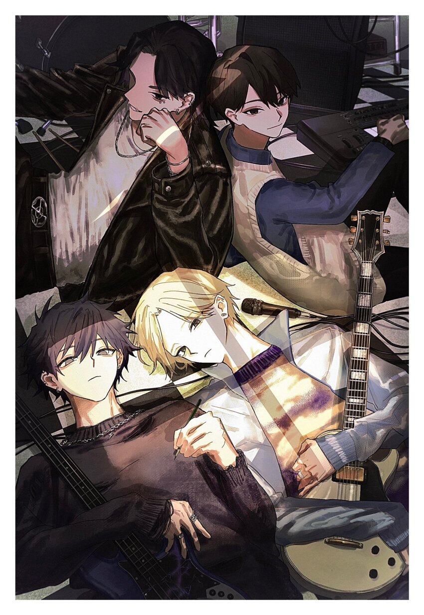 4boys band_(music) black_hair black_jacket blonde_hair bracelet brown_hair chain chain_necklace ear_piercing earrings electric_guitar eye_piercing guitar hair_between_eyes headphones highres indoors instrument jacket jewelry leather long_sleeves looking_at_viewer lying male_focus microphone multiple_boys multiple_rings necklace original ornate_ring pearl_bracelet pen piercing recording_studio ring shirt short_hair sitting smile speaker stud_earrings studio sweater sweater_vest uze24 white_shirt
