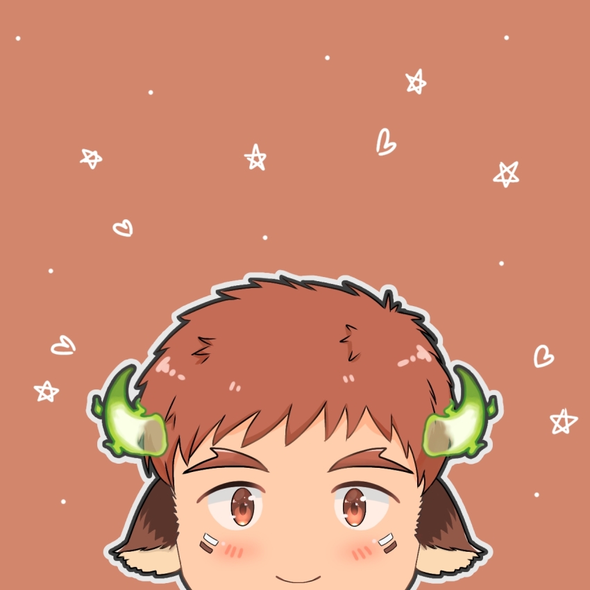1boy animal_ears bara blush brown_hair brown_theme chibi cow_boy cow_ears cow_horns cropped_head eye_black facial_hair fiery_horns forked_eyebrows glowing_horns goatee highres horns male_focus miki_2547 pectorals smile solo straight-on thick_eyebrows tokyo_houkago_summoners wakan_tanka