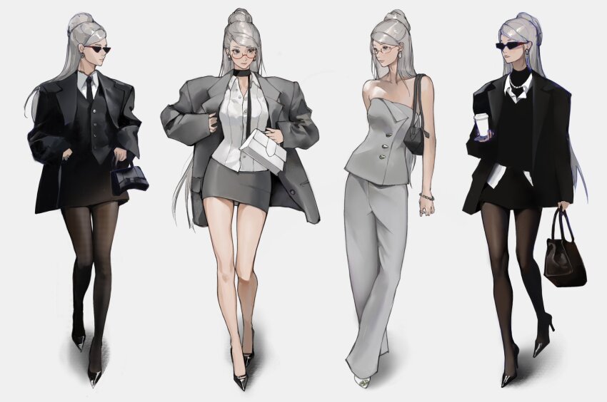 1girl alternate_costume ayase_seiko bag black_choker black_necktie black_shoes black_skirt black_vest blazer bracelet breasts choker collared_shirt dandadan dress_shirt drink earrings grey_skirt handbag high_heels highres holding holding_drink jacket jewelry mature_female medium_breasts miniskirt necktie oversized_clothes pantyhose red-framed_eyewear shirt shoes skirt stiletto_heels strapless strapless_shirt sumi_(suumiko_) sunglasses vest white_background white_hair white_shirt white_shoes