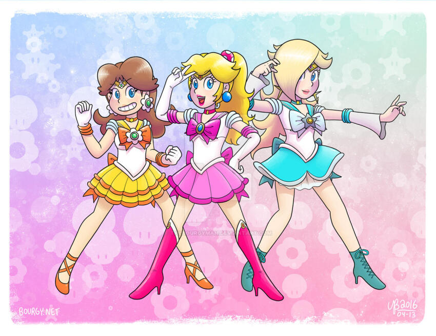 3girls bishoujo_senshi_sailor_moon blonde_hair blue_eyes breasts brown_hair earrings fire_flower flower flower_earrings full_body gloves grin hair_over_one_eye hand_up high_heels jewelry legs lipstick long_hair looking_at_viewer makeup mario_(series) medium_breasts multiple_girls nintendo open_mouth ponytail princess_daisy princess_peach ribbon rosalina skirt small_breasts smile standing star_(symbol) star_earrings super_star_(mario) super_mario_bros._1 super_mario_galaxy super_mario_land thebourgyman tiara