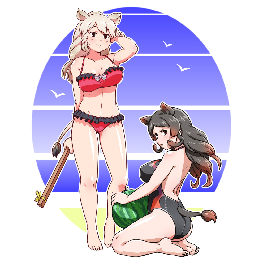2girls absurdres acesrulez alternate_costume animal_ears bare_arms bare_back bare_legs barefoot beach bikini black_hair black_one-piece_swimsuit blush brown_eyes collarbone commentary_request extra_ears food frilled_swimsuit frills fruit full_body hand_in_own_hair highres hippopotamus_(kemono_friends) hippopotamus_ears hippopotamus_tail kemono_friends kneeling long_hair multicolored_hair multicolored_swimsuit multiple_girls one-piece_swimsuit red_hair red_one-piece_swimsuit rhinoceros_ears rhinoceros_girl rhinoceros_tail shirt sleeveless standing swimsuit watermelon white_rhinoceros_(kemono_friends) white_shirt
