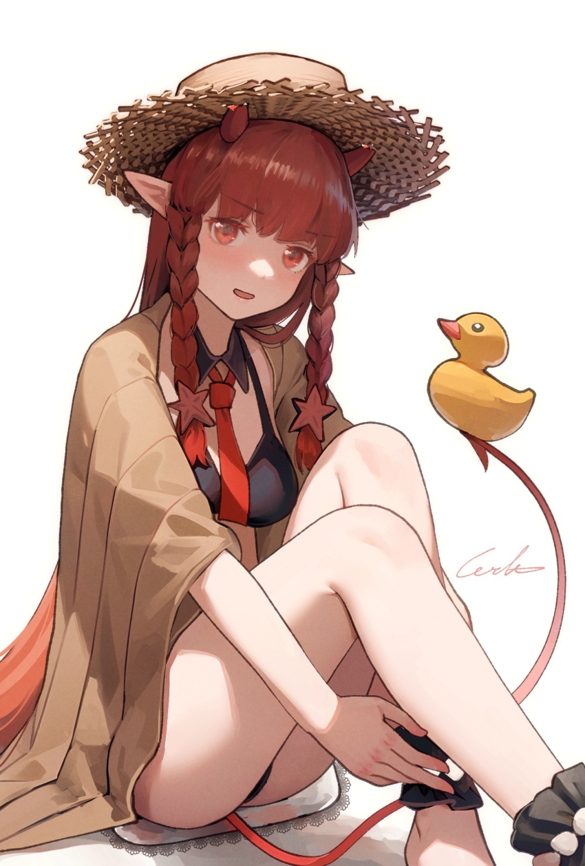 1girl ankle_garter arknights bikini black_bikini black_collar braid brown_hat brown_jacket collar demon_girl demon_horns demon_tail detached_collar hair_ornament hat highres horns invisible_chair jacket long_hair looking_at_viewer necktie official_alternate_costume open_clothes open_jacket orange_eyes red_hair red_necktie rubber_duck side_braids signature simple_background sitting solo star_(symbol) star_hair_ornament sun_hat swimsuit tail very_long_hair vigna_(arknights) vigna_(casual_vacation)_(arknights) welt_(kinsei_koutenkyoku) white_background