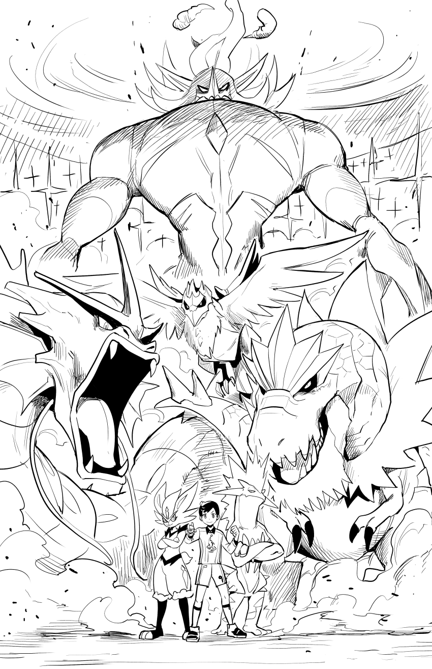 absurdres animal_ears cinderace claws corviknight crossed_arms dinosaur dust dynamax flying furry gegegekman gen_1_pokemon gen_6_pokemon gen_8_pokemon giant gigantamax gigantamax_grimmsnarl greyscale grimmsnarl gyarados hatching_(texture) highres holding holding_poke_ball looking_at_viewer monochrome nintendo open_mouth pointy_ears pointy_nose poke_ball pokemon pokemon_(creature) pokemon_swsh rabbit_ears rabbit_tail sharp_teeth shorts size_difference slit_pupils smile soccer_uniform socks sportswear tail talons teeth toxtricity tyrantrum victor_(pokemon) whiskers