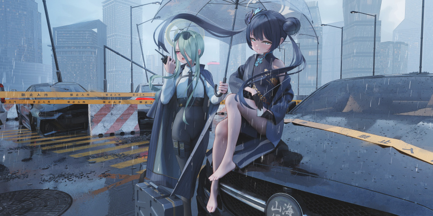 2girls absurdres ass barefoot black_dress black_gloves black_hair black_pants blue_archive building butterfly_hair_ornament cat caution_tape closed_mouth coat collared_shirt double_bun dragon_print dress eyewear_on_head gloves green_hair green_halo grey_coat grey_eyes grey_halo hair_bun hair_ornament hair_over_one_eye halo highres holding holding_umbrella keep_out kisaki_(blue_archive) long_hair long_sleeves mina_(blue_archive) mr_ito multiple_girls open_clothes open_coat open_mouth outdoors pants rain red_eyes shirt smile striped_coat sunglasses toes twintails umbrella vertical-striped_coat walkie-talkie white_shirt