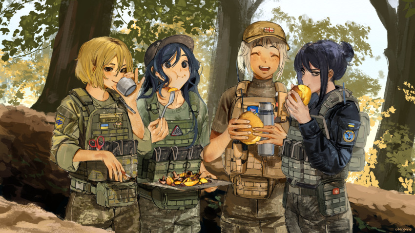 4girls army azov_battalion baseball_cap black_eyes black_hair blonde_hair bulletproof_vest camouflage camouflage_pants cigarette closed_eyes cowboy_shot directorate_of_intelligence_(ukraine) drinking eating eva_(kavunyak) georgian_flag georgian_legion grey_hair hair_bun hat highres holding holding_cigarette kraken_(japanon) kraken_regiment long_hair long_sleeves looking_at_viewer marichka military military_combat_uniform military_uniform mole mole_under_eye mole_under_mouth multiple_girls mushroom nika_(usergore) open_mouth original outdoors pants patch russo-ukrainian_war short_hair short_sleeves shoulder_patch sleeves_rolled_up smile ukraine ukrainian_flag usergore wolfsangel