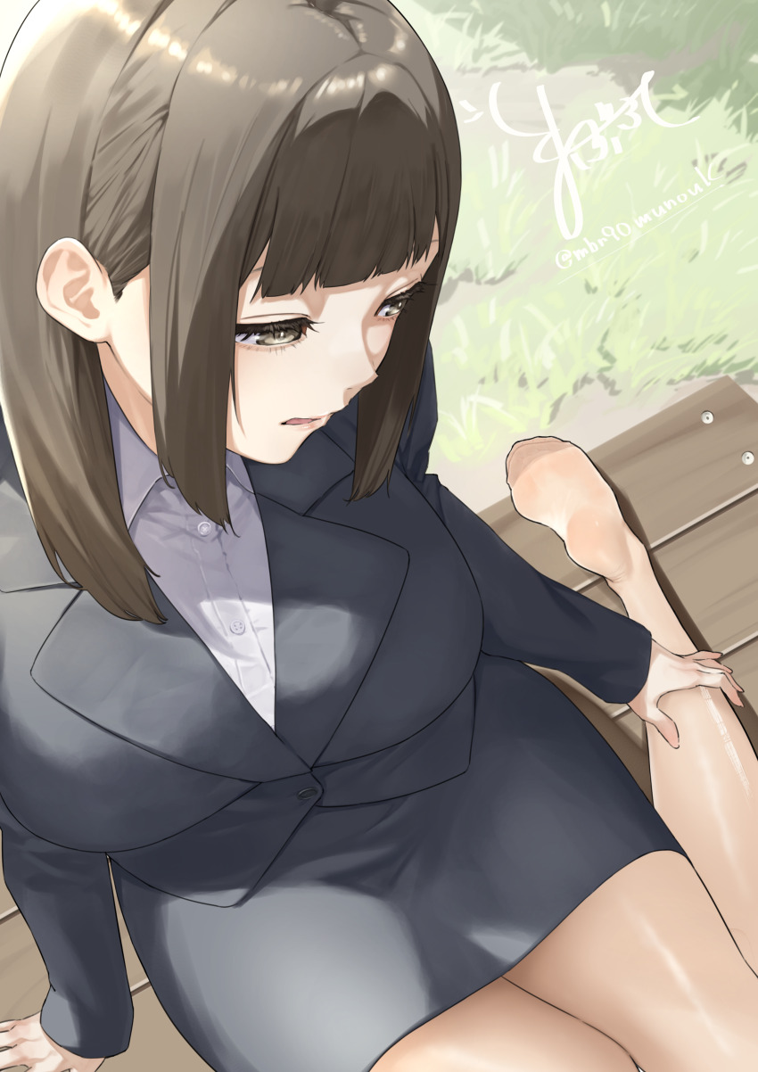 1girl absurdres bench brown_eyes feet highres long_hair maburoku office_lady pantyhose parted_lips soles toes