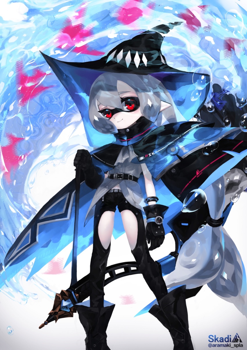 1girl aramaki_spla arknights bubble fish highres inkling_player_character nintendo skadi_(arknights) solo splatoon_(series) twitter water