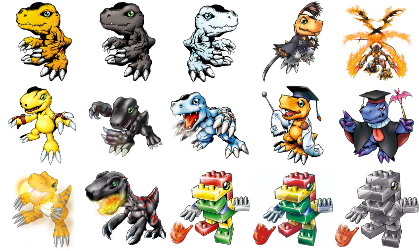 agumon agumon_(black) agumon_(black)_(digimon_savers) agumon_(black)_x-antibody agumon_(digimon_savers) agumon_-yuki_no_kizuna- agumon_hakase agumon_x-antibody belt bushiagumon claws clearagumon digimon fire green_eyes hat highres nise_agumon_hakase official_art reptile sword toy toyagumon toyagumon_(black) weapon yukiagumon yukiagumon_(digimon_savers)