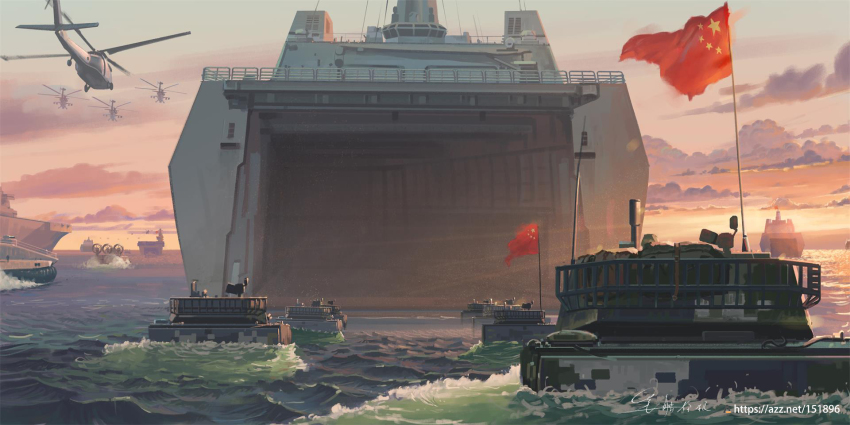 aircraft amphibious_assault_ship amphibious_ground_vehicle attack_helicopter changhe_z-8 helicopter highres hovercraft military_vehicle ocean original people&#039;s_liberation_army people&#039;s_liberation_army_ground_force people&#039;s_liberation_army_navy people&#039;s_republic_of_china_flag shouhui_lang_qun signature type_075_lhd type_726_lcac watercraft well_dock zbd-05