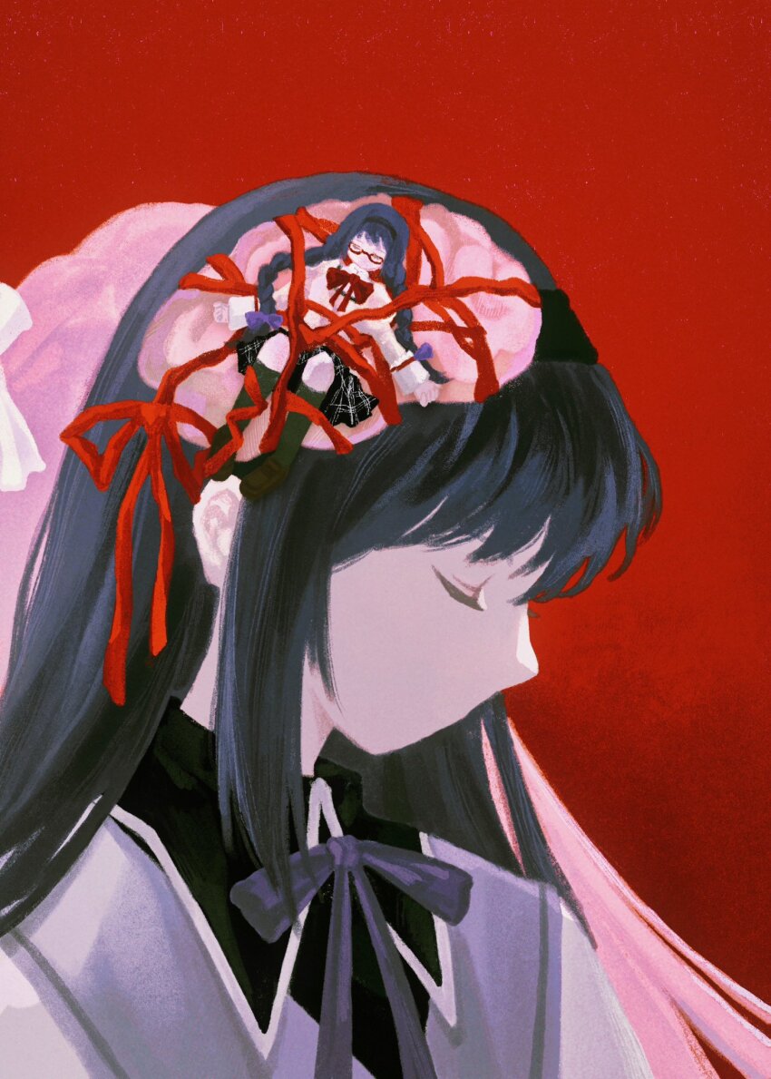 3girls akemi_homura back-to-back black_capelet black_hair black_hairband black_shoes black_skirt black_socks bow bowtie braid brain capelet closed_eyes closed_mouth collared_capelet collared_shirt dress dual_persona expressionless frilled_sleeves frills glasses hair_bow hair_ribbon hairband hashtag-only_commentary high_collar highres juliet_sleeves kaname_madoka kneehighs knees_up ksline0930 long_hair long_sleeves low_twin_braids lying magical_girl mahou_shoujo_madoka_magica mahou_shoujo_madoka_magica_(anime) mini_person minigirl miniskirt mitakihara_school_uniform multiple_girls no_mouth on_back pink_hair plaid_clothes plaid_skirt pleated_skirt pointy_nose puffy_sleeves purple_bow purple_bowtie purple_capelet red-framed_eyewear red_background red_bow red_bowtie red_ribbon ribbon school_uniform shirt shoes sidelocks simple_background skirt sleeve_cuffs socks straight_hair twin_braids two-tone_capelet ultimate_madoka uwabaki very_long_hair white_bow white_dress x-ray yellow_shirt