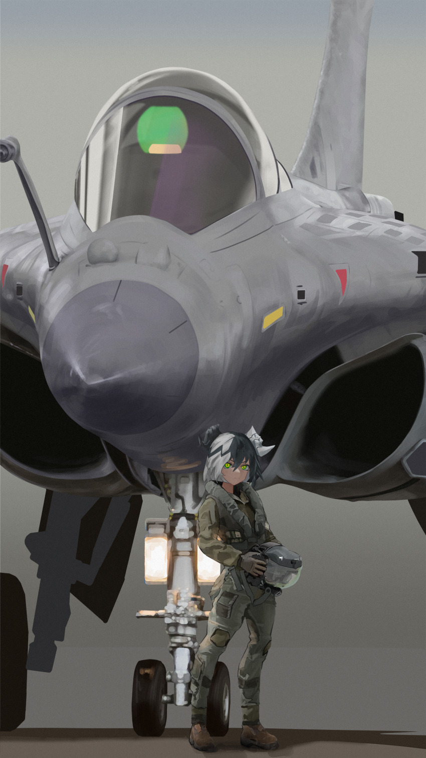 1girl absurdres aircraft airplane alchemy_stars alternate_costume arasaka_inu black_hair boots brown_boots chinese_commentary commentary_request dassault_rafale flight_suit full_body g-suit gloves green_eyes grey_background helmet highres holding holding_helmet horns jet looking_at_viewer mixed-language_commentary multicolored_hair partial_commentary pilot_helmet pilot_suit sharona_(alchemy_stars) short_hair solo standing two-tone_hair unworn_headwear unworn_helmet vehicle_focus white_hair