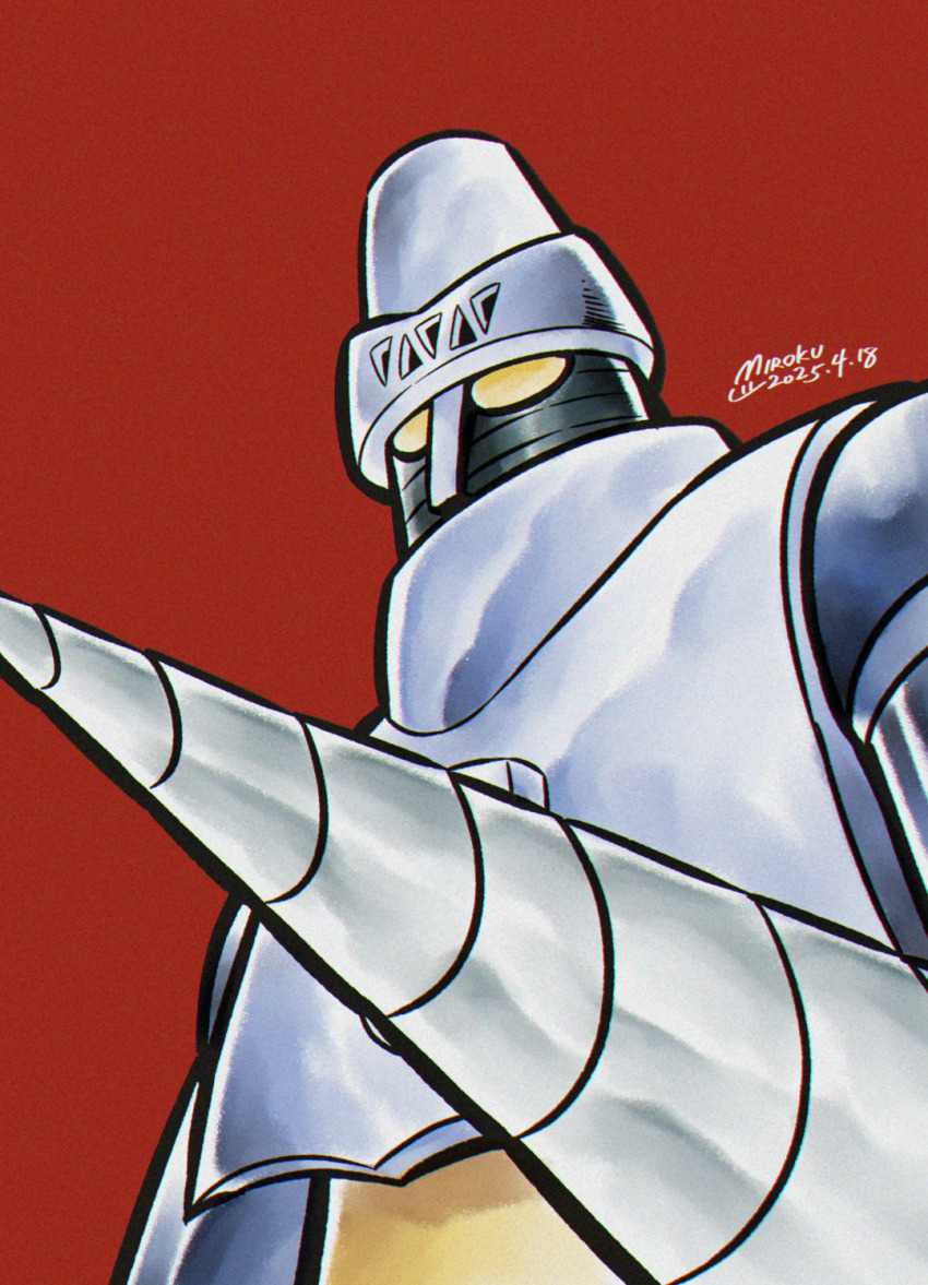 1970s_(style) 2025 armor dated drill_hand getter-2 getter_robo getter_robo_(classic) highres ishikawa_ken_(style) mecha mecha_focus miroku_(miroku_t) official_style oldschool red_background retro_artstyle robot simple_background solo super_robot upper_body white_armor