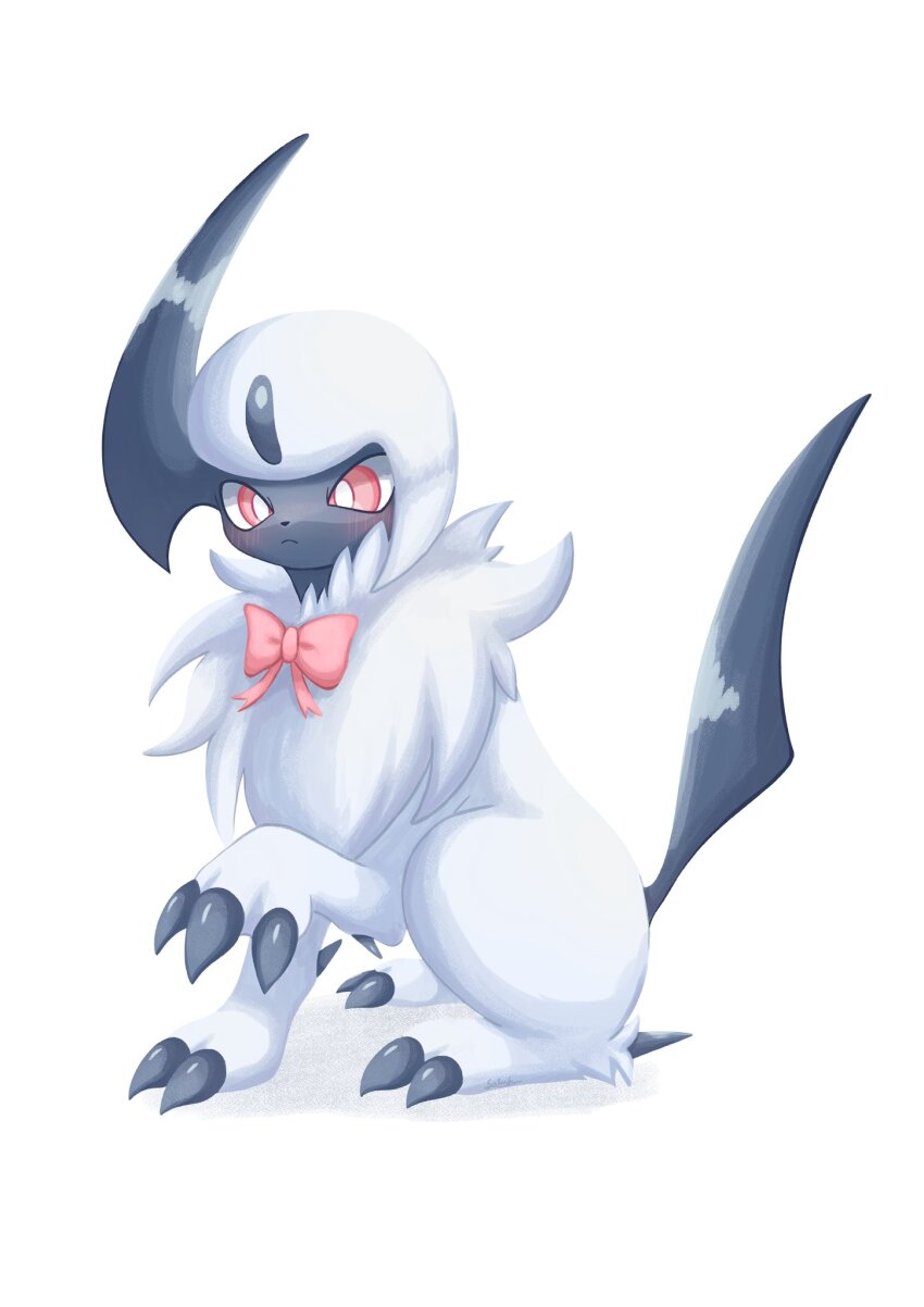 absol animal_focus blush bow claws closed_mouth gen_3_pokemon highres horns nintendo pink_eyes pokemon pokemon_(creature) simple_background single_horn sitting solo soruva_359 white_background white_hair