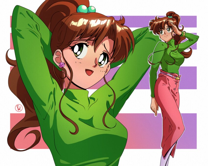 1girl absurdres arms_behind_head arms_up bishoujo_senshi_sailor_moon breasts brown_hair commentary earrings english_commentary feet_out_of_frame flower_earrings fritz_willie green_eyes hair_bobbles hair_ornament highres jewelry kino_makoto long_hair long_skirt medium_breasts multiple_views ponytail sidelocks signature skirt striped_background upper_body watch wristwatch