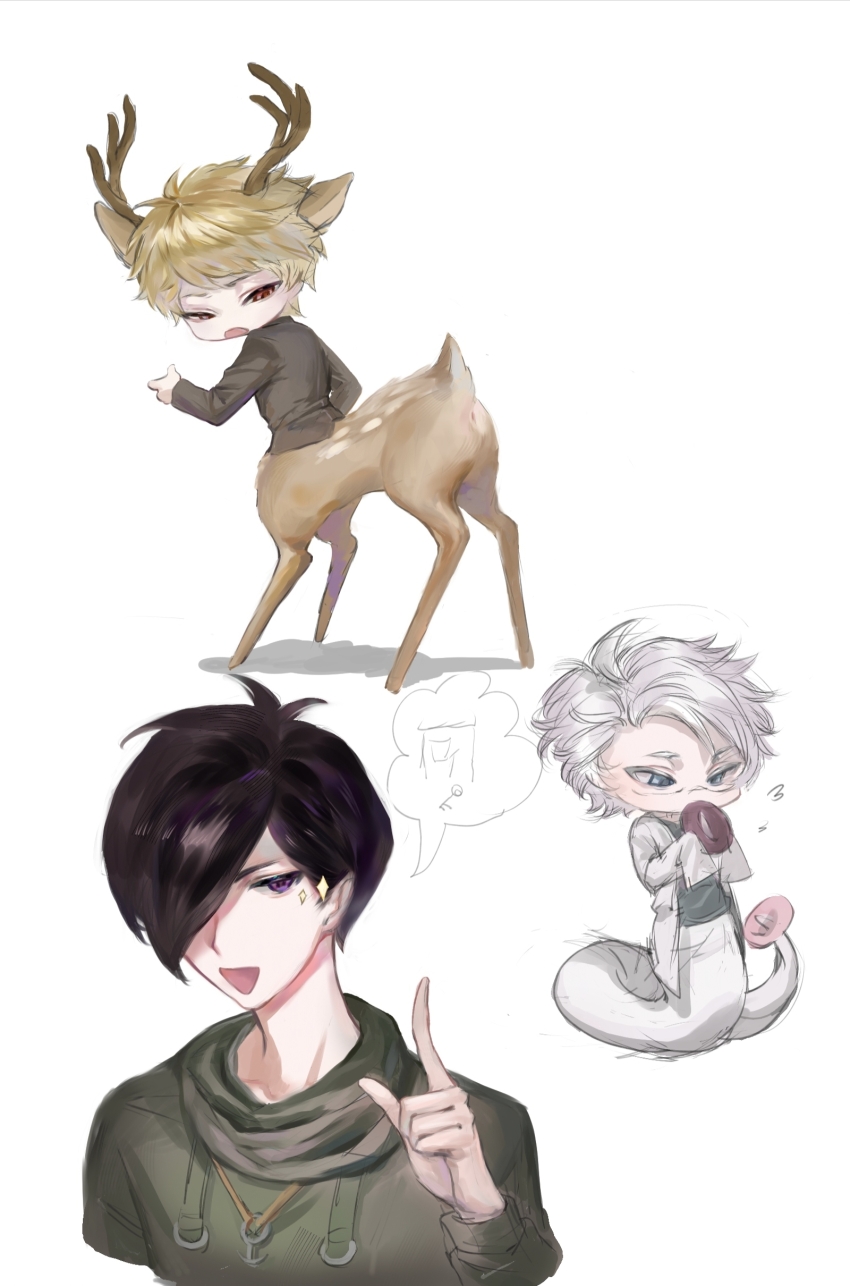 3boys absurdres aiba_ibuki animal_ears antlers atou_haruki black_hair blonde_hair blue_eyes centauroid chinese_commentary commentary_request deer_antlers deer_boy deer_ears donut food glasses green_shirt hair_over_one_eye hand_up highres horns jewelry kanou_aogu lab_coat lamia_boy long_sleeves male_focus monster_boy monsterification multiple_boys necklace open_clothes open_mouth purple_eyes saibou_shinkyoku shirt short_hair simple_background smile taur white_background white_hair winsud