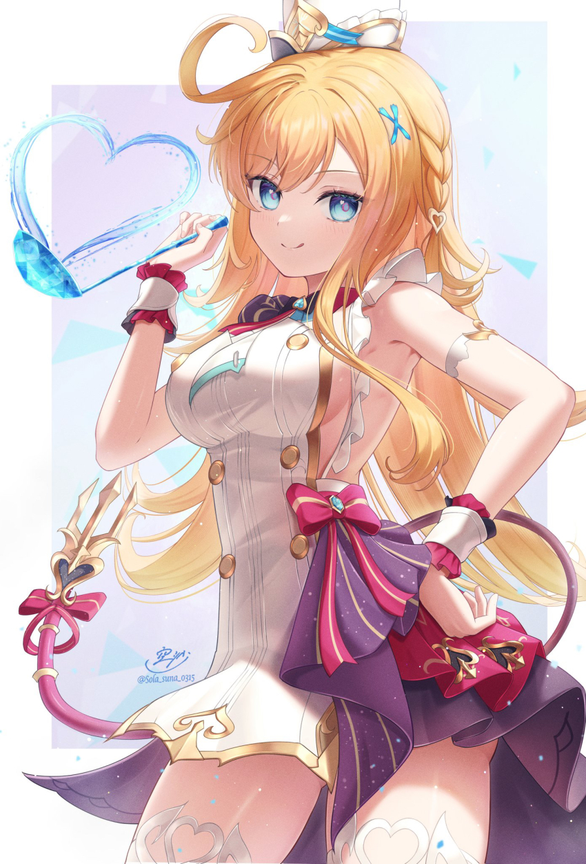 1girl :q blonde_hair blue_eyes breasts closed_mouth cowlick dress escoffier_(genshin_impact) genshin_impact hand_on_own_hip hand_up hat heart high-low_skirt highres holding holding_ladle ladle long_hair looking_at_viewer medium_breasts sideboob smile sola_num_5130 solo strapless strapless_dress tongue tongue_out white_dress white_hat wrist_cuffs