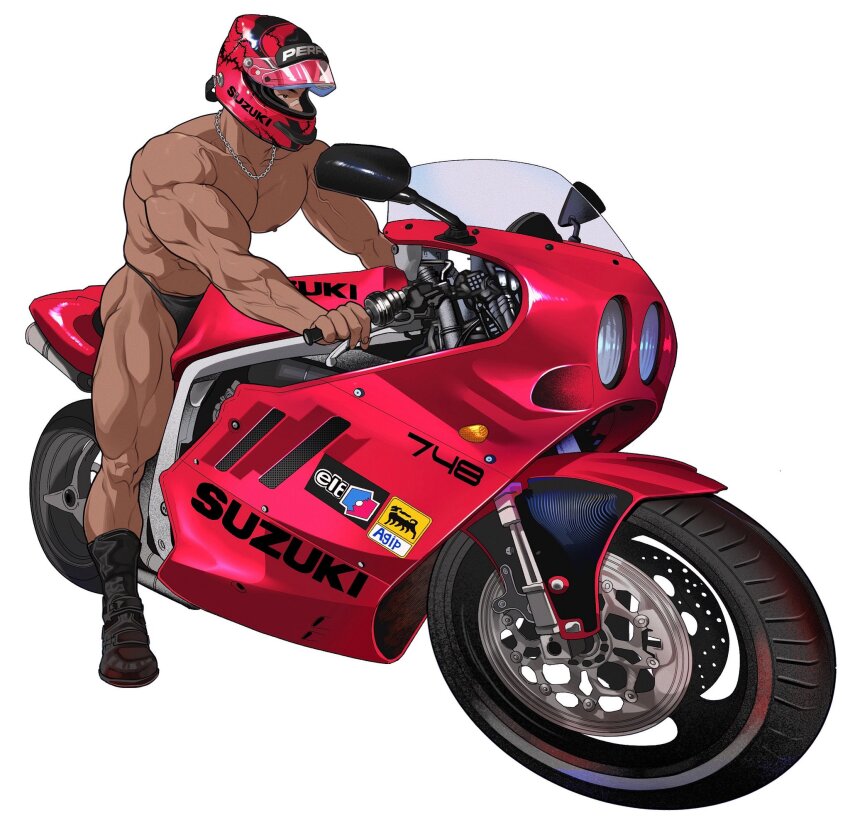 1boy ass_peek bandaid bandaid_on_face bandaid_on_nose bara black_boots black_eyes black_panties boots bottomless broad_shoulders bumper_sticker chain chain_necklace covered_mouth helmet highres jewelry large_pectorals male_focus motor_vehicle motorcycle motorcycle_helmet muscular muscular_arms muscular_legs muscular_male necklace nipples on_motorcycle original panties pectorals red_helmet simple_background solo suzuki_(company) tenji_(tenji_89) thighs topless_male underwear vehicle_focus veins veiny_arms wheel white_background