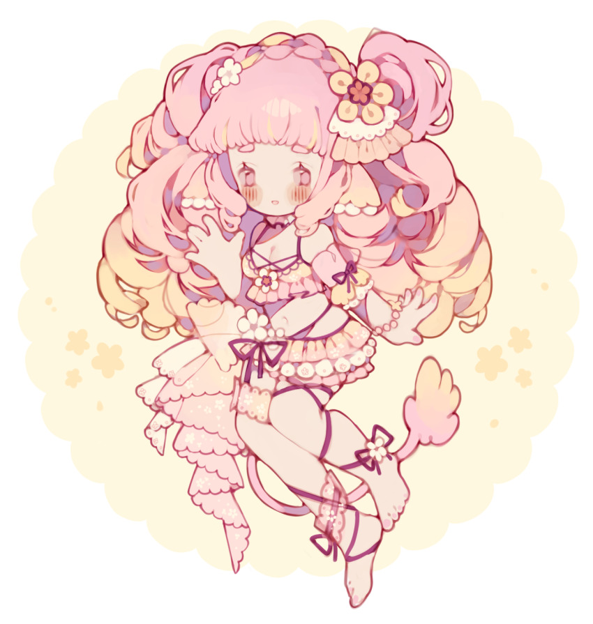 1girl animal_ears ankle_flower ankle_garter ankle_ribbon asymmetrical_legwear bikini black_ribbon blonde_hair blunt_bangs blush blush_stickers bow bracelet braid breasts brooch chibi choker circle cleavage commentary commission cow_ears cow_tail detached_sleeves english_commentary eyelashes floral_print flower flower_bracelet flower_brooch food frilled_choker frills fruit gradient_bow gradient_hair hair_bun hair_flower hair_ornament hand_up happy hibiscus highres jewelry lace lace-trimmed_bikini lace-trimmed_sleeves lace_trim layered_bikini layered_sleeves leg_ribbon littlebluemuffin long_hair looking_at_viewer medium_breasts multicolored_bikini multicolored_hair nail_polish navel open_mouth orange_(fruit) orange_garter orange_slice original pink_bikini pink_bow pink_eyes pink_hair pink_nails pink_sleeves ribbon see-through_clothes see-through_garter see-through_sleeves short_sleeves single_side_bun sleeve_ribbon smile stomach summer swimsuit tail thick_eyebrows toenail_polish toenails two-tone_bikini waist_bow waist_ribbon waving wavy_hair white_background white_choker white_flower yellow_bikini yellow_bow yellow_flower