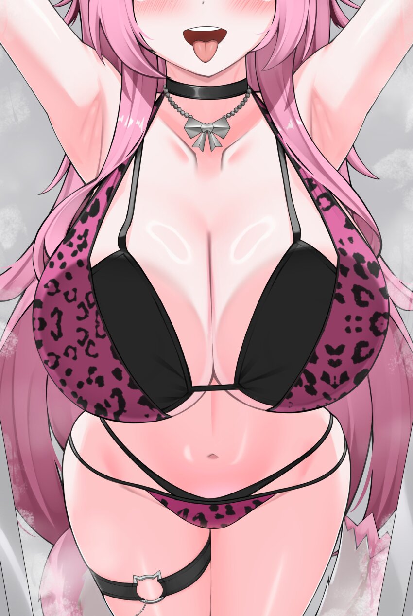 1girl absurdres animal_print armpits bra breasts cat_tail choker cleavage collarbone eyes_out_of_frame head_out_of_frame highres hololive hololive_english large_breasts leopard_print long_hair midriff navel nobarts pink_hair raora_panthera solo steam steaming_body tail thigh_strap tongue tongue_out underwear virtual_youtuber