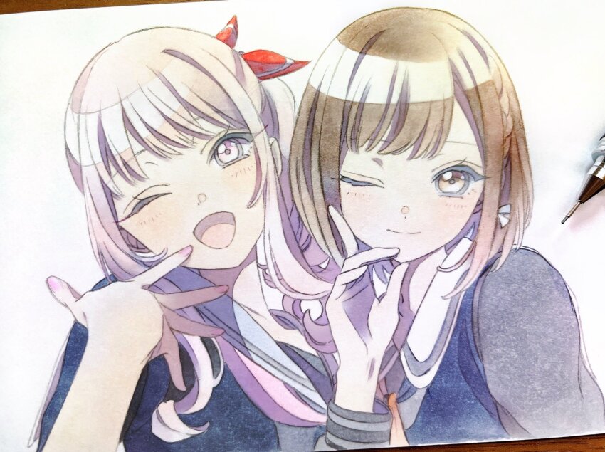 1girl 1other :d akiyama_mizuki black_shirt blush bow braid brown_eyes brown_hair commentary graphite_(medium) hair_bow highres long_sleeves marker_(medium) mechanical_pencil neckerchief one_eye_closed open_mouth pato_(ptro) pencil pink_hair pink_nails pink_neckerchief project_sekai sailor_collar shinonome_ena shirt short_sleeves side_ponytail sidelocks simple_background smile traditional_media upper_body white_background white_bow white_sailor_collar