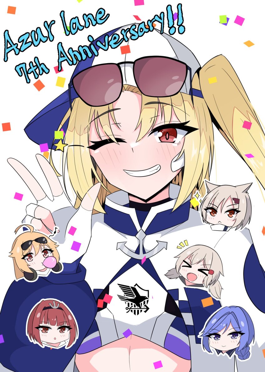 &gt;_&lt; 6+girls :&lt; anniversary azur_lane bandaid bandaid_on_face biloxi_(azur_lane) birmingham_(azur_lane) blonde_hair blue_eyes blue_hair blush chewing_gum cleveland_(azur_lane) columbia_(azur_lane) confetti denver_(azur_lane) eagle_union_(emblem) eyewear_on_head fingerless_gloves gloves grin hachitarou highres long_sleeves montpelier_(azur_lane) multiple_girls musical_note notice_lines one_eye_closed one_side_up open_mouth parted_bangs race_queen red_eyes red_hair simple_background smile upper_body w white_background white_gloves