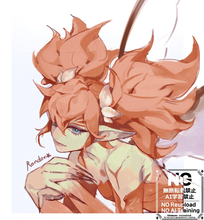 1other androgynous bare_shoulders blue_eyes detached_sleeves facial_mark fairy feo_ul final_fantasy final_fantasy_xiv fingernails forehead_mark highres long_fingernails looking_at_viewer medium_hair orange_hair other_focus own_hands_together pointy_ears rondor sharp_fingernails signature simple_background smile solo twintails upper_body watermark white_background