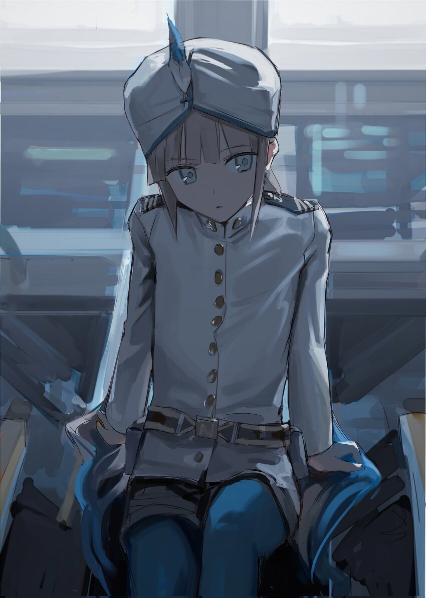 1boy androgynous blue_hair blue_pantyhose captain_nemo_(fate) captain_nemo_(first_ascension)_(fate) fate/grand_order fate_(series) goose_s_letter hat hat_feather highres jacket long_hair long_sleeves male_focus military_jacket military_uniform multicolored_hair naval_uniform nemo_(fate) pantyhose ship_interior shorts sitting turban white_jacket