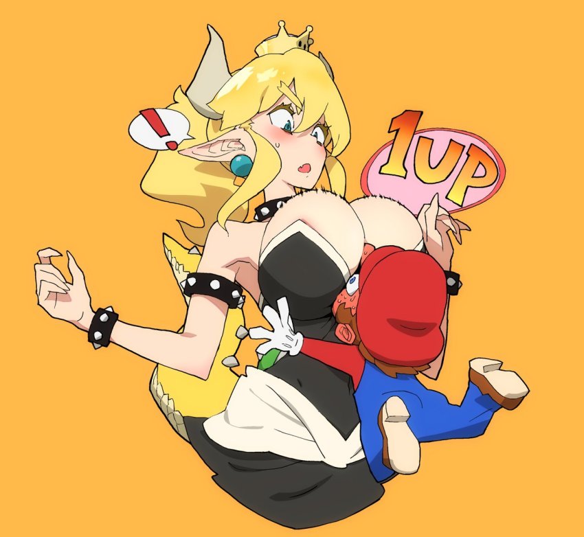 ! 1boy 1girl 1up areola_slip armlet bare_shoulders between_breasts black_dress blonde_hair blue_eyes blush bowsette bracelet breasts cleavage commentary cowboy_shot dress earrings eyelashes fang full-face_blush gloves hair_between_eyes hat head_between_breasts horns jewelry large_breasts long_hair looking_down mario mario_(series) nervous_sweating new_super_mario_bros._u_deluxe nintendo off-shoulder_dress off_shoulder open_mouth orange_background ouma_bunshichirou overalls pointy_ears ponytail red_headwear simple_background spiked_armlet spiked_bracelet spikes spoken_exclamation_mark super_crown surprised sweat sweatdrop tail white_gloves