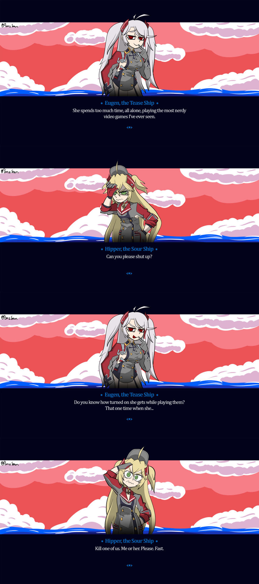 2girls absurdres admiral_hipper_(azur_lane) ahoge artist_name azur_lane blonde_hair closed_mouth cross english_text green_eyes helltaker highres iron_cross multicolored_hair multiple_girls panzsan parody prinz_eugen_(azur_lane) red_eyes red_hair red_sky shaded_face sky smug streaked_hair style_parody two_side_up vanripper_(style) white_hair