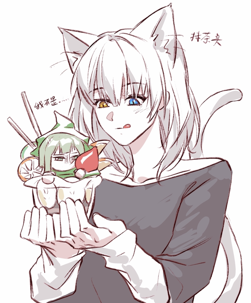 2girls absurdres bang_dream! bang_dream!_it&#039;s_mygo!!!!! black_shirt blue_eyes chinese_commentary chinese_text commentary_request green_hair hero45439083942 heterochromia highres kaname_raana layered_sleeves licking_lips long_sleeves matcha_parfait multiple_girls raana_the_cat shirt short_hair short_over_long_sleeves short_sleeves simple_background tongue tongue_out translation_request wakaba_mutsumi white_background white_hair white_shirt yellow_eyes