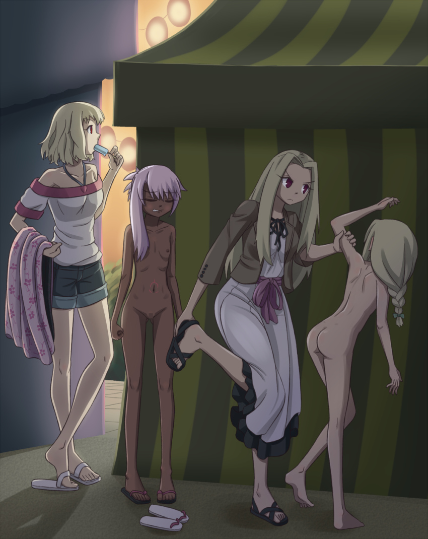 4girls angry arm_grab arm_up ass bare_shoulders barefoot bike_shorts blush braid breasts censored chloe_von_einzbern cleavage clenched_hands clenched_teeth closed_eyes closed_mouth collarbone dark-skinned_female dark_skin eyebrows fate/kaleid_liner_prisma_illya fate_(series) feet female_focus festival flat_chest flip-flops full_body gluteal_fold hair_ribbon highres illyasviel_von_einzbern imminent_spanking irisviel_von_einzbern leysritt_(fate) long_hair midriff mosaic_censoring multiple_girls navel nipples nude pussy red_eyes ribbon sandals scowl shirt shoes short_hair shorts skirt slippers soles spanking standing stomach_tattoo tagme tattoo teeth toes unworn_shoes zekel