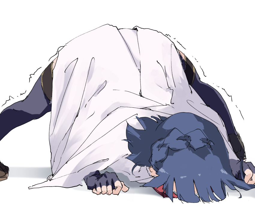 1girl black_gloves black_thighhighs blue_hair braid brown_footwear cape face_down fingerless_gloves gloves hands_on_floor highres idol_heroes_(idolmaster) idolmaster idolmaster_million_live! jack-o&#039;_challenge medium_hair mighty_sailor nanao_yuriko neckerchief rauto red_neckerchief solo thighhighs top-down_bottom-up trembling white_background white_cape