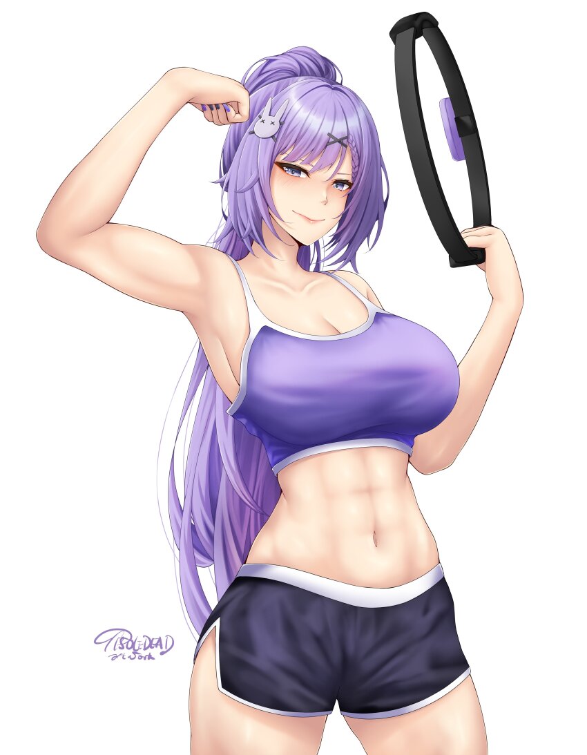 1girl abs absurdres arm_up armpits bare_shoulders breasts dolphin_shorts elaine_celestia hair_ornament highres large_breasts long_hair midriff navel ponytail purple_hair re:memories ring_fit_adventure shorts sleeveless tank_top tisole_dead virtual_youtuber