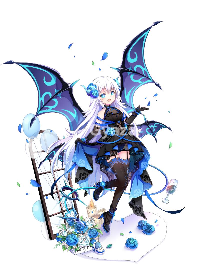 1girl :d absurdres ankle_garter artist_name back_bow balloon black_bow black_dress black_footwear black_gloves black_thighhighs blue_eyes blue_flower blue_horns blue_panties blue_rose bouquet bow candle cup demon_girl demon_horns demon_tail demon_wings dress drinking_glass elbow_gloves elsword falling_petals fangs fanzheng_zhen_zhishi_ge_ai_moyu_de_mowang floral_print flower full_body garter_straps gloves gyaza hair_flower hair_ornament hand_up heart high_heels highres horns huilu lace lace-trimmed_legwear lace_trim layered_dress leg_up long_hair luciela_r._sourcream open_mouth panties pantyshot petals purple_wings rose see-through_clothes see-through_dress short_dress skirt_hold sleeveless sleeveless_dress smile solo standing standing_on_one_leg star-shaped_pupils star_(symbol) symbol-shaped_pupils tail tail_ornament tail_ring thighhighs underwear very_long_hair watermark white_background white_hair window wine_glass wings wrist_cuffs