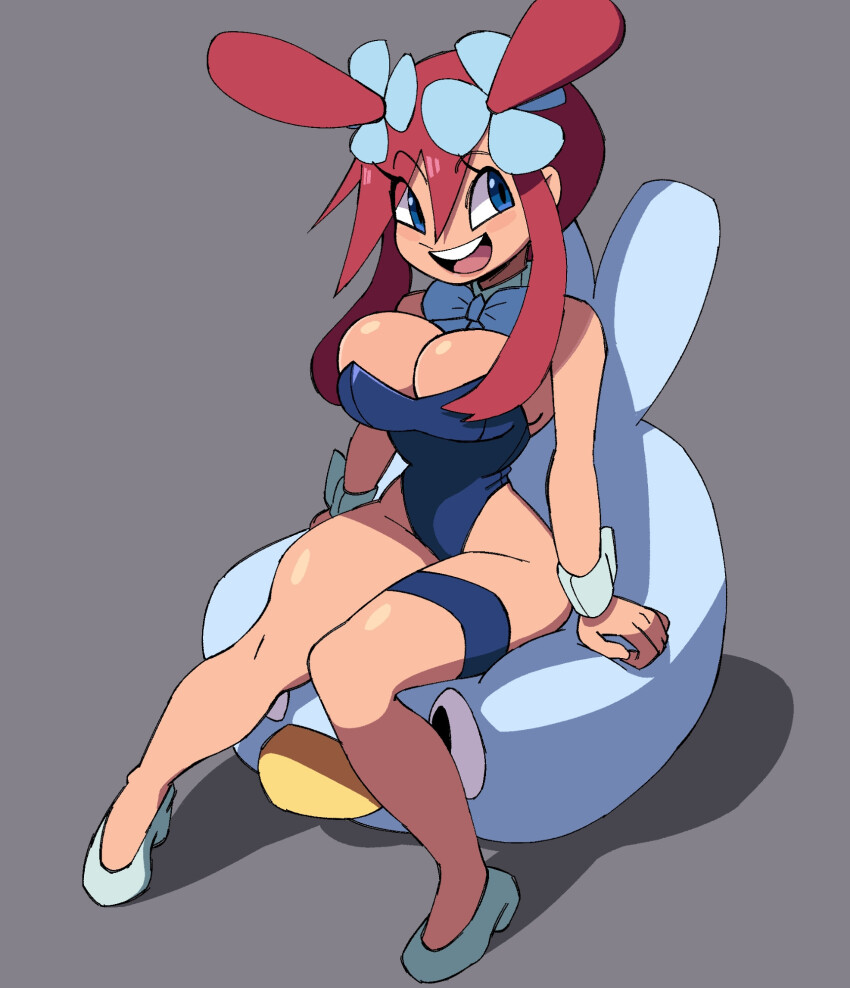 1girl blue_eyes bow bowtie breasts cleavage double_bun ducklett game_freak gen_5_pokemon grey_background hair_bun highleg highleg_leotard large_breasts leotard long_hair nintendo oakblu playboy_bunny pokemon pokemon_bw red_hair sitting skyla_(pokemon) teeth upper_teeth_only