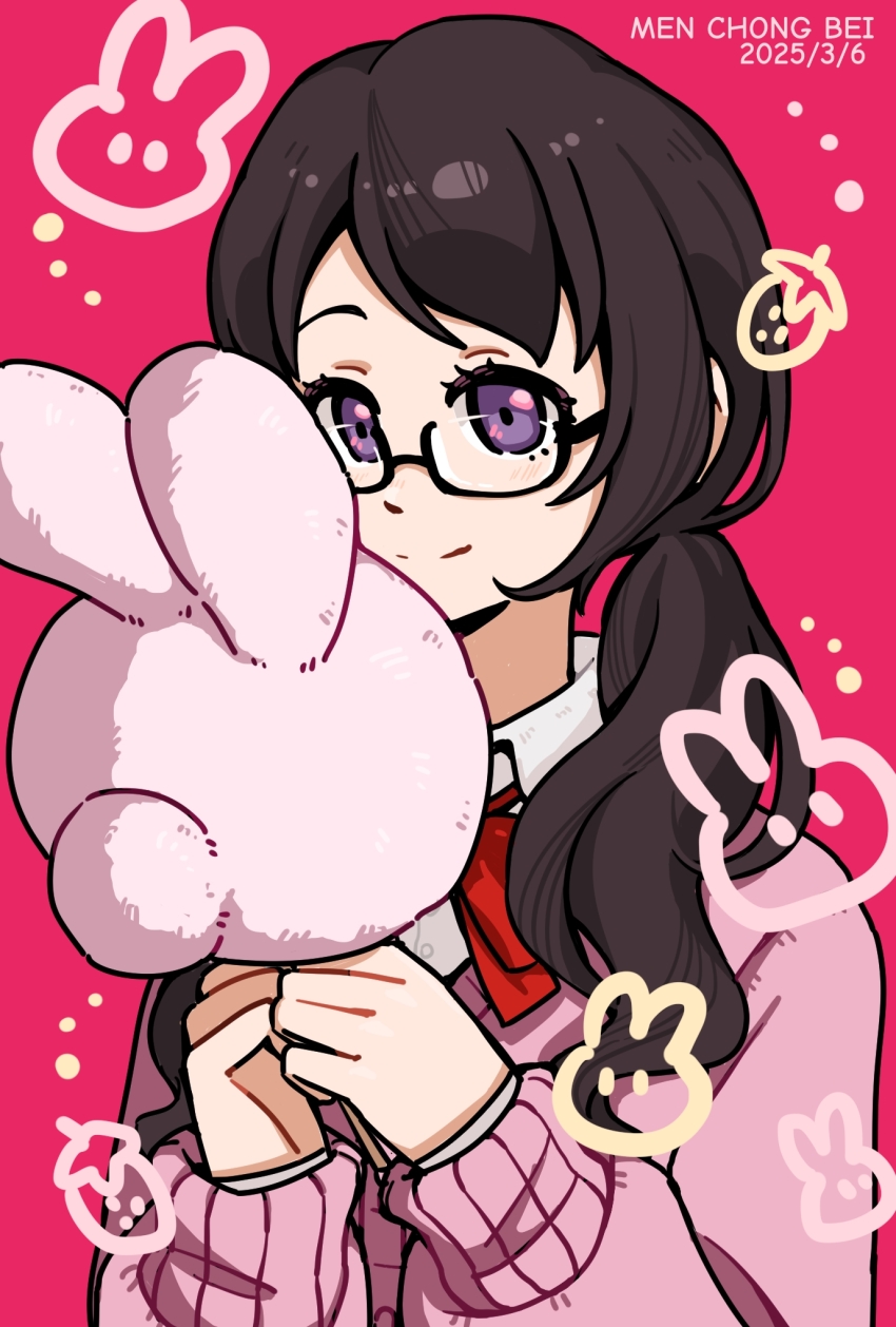 1girl black_hair bow cardigan closed_mouth collared_shirt food fruit glasses highres light_smile noge_tomoko outline persona persona_5 persona_5:_the_phantom_x pink_background pink_cardigan purple_eyes red_bow school_uniform shirt short_twintails solo strawberry swept_bangs touminggui twintails