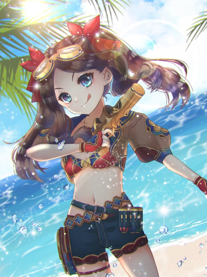 1girl :q beach bikini bikini_top_only blue_eyes blue_sky breasts brown_hair day fate/grand_order fate_(series) fingerless_gloves gloves goggles goggles_on_head gun hair_ribbon handgun highres holding holding_gun holding_weapon leonardo_da_vinci_(fate) leonardo_da_vinci_(swimsuit_ruler)_(fate) long_hair looking_at_viewer navel ocean outdoors palm_tree parted_bangs red_ribbon ribbon shore short_shorts short_sleeves shorts shrug_(clothing) sky small_breasts smile solo swimsuit tongue tongue_out tree twintails weapon yamuimo