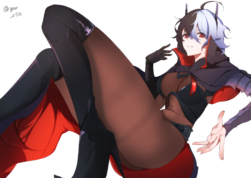 1girl artist_name azur_lane black_gloves black_hair bodystocking boots breasts bruenhilde_(azur_lane) capelet cloud commentary_request foot_out_of_frame gauntlets gear0710 gloves hair_ornament high_heel_boots high_heels highres looking_at_viewer medium_breasts multicolored_hair parted_lips short_hair simple_background single_glove smile solo split-color_hair thigh_boots two-tone_hair white_background white_hair