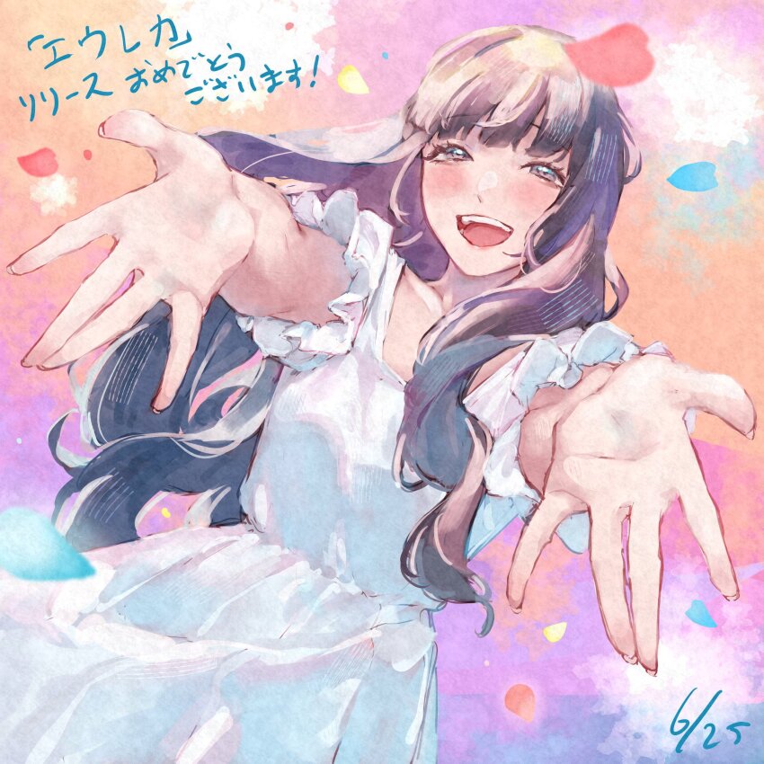 1girl :d animification arms_up black_hair blue_petals collarbone commentary_request cowboy_shot dress falling_petals frilled_dress frills grey_eyes highres kan_kanna long_hair looking_at_viewer open_mouth orange_background outstretched_arms petals pink_background pink_petals real_life saidamoosu short_sleeves smile solo teeth translation_request upper_teeth_only voice_actor white_dress yellow_petals