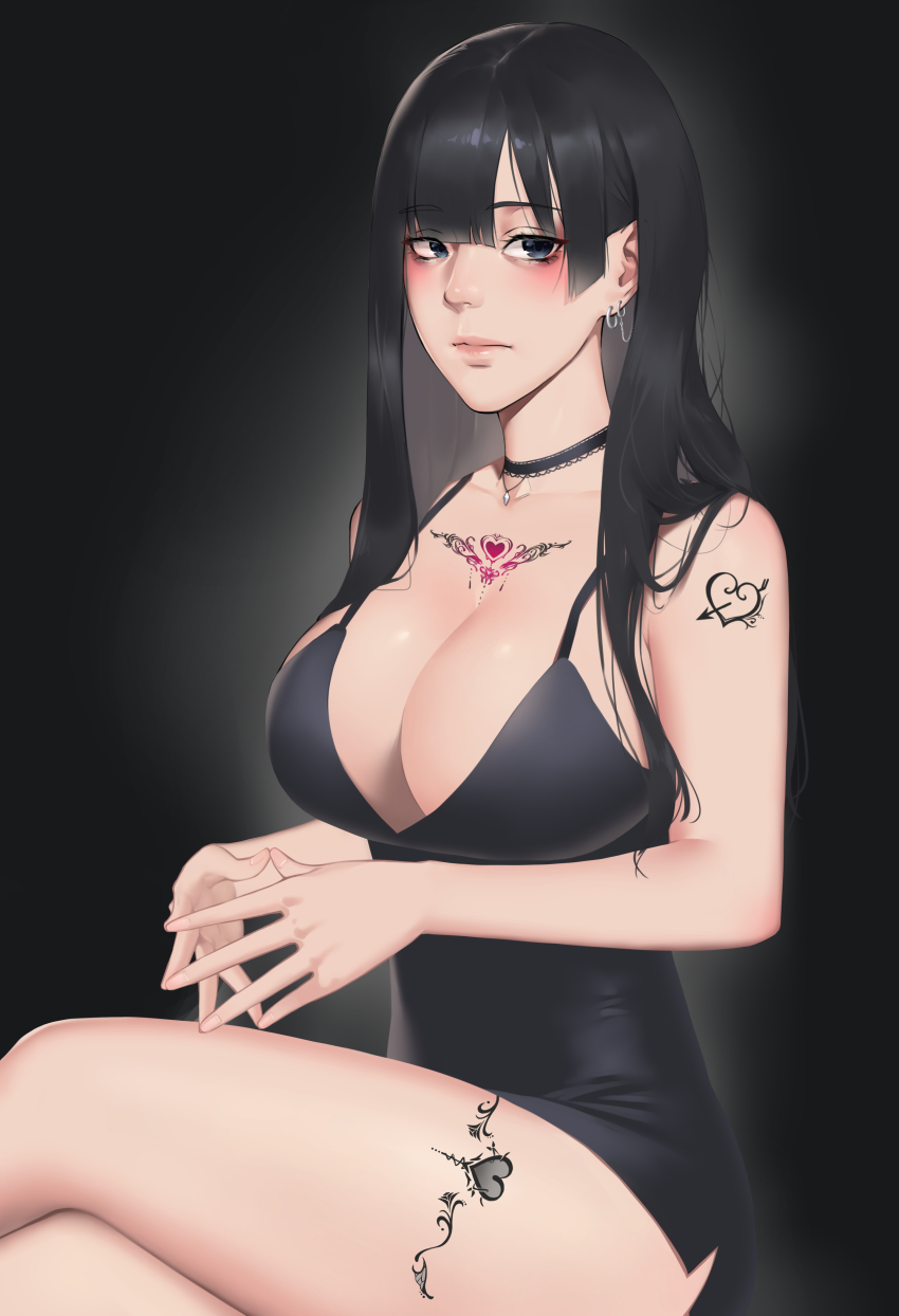 1girl absurdres arm_tattoo bare_shoulders black_choker black_dress black_eyes black_hair blunt_bangs blush breasts chest_tattoo choker cleavage crossed_legs dress earrings highres jewelry kiji_711 large_breasts leg_tattoo lips long_hair looking_at_viewer no_bra original short_dress side_slit sitting solo spaghetti_strap tattoo