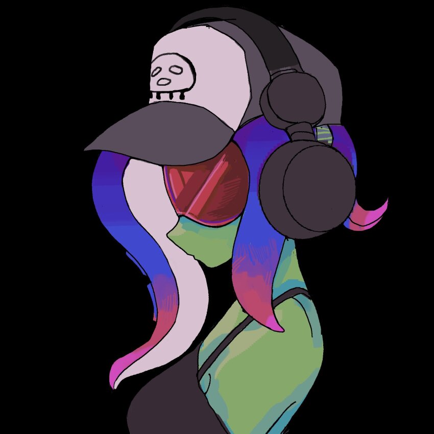 1girl black_background colored_skin dedf1sh green_skin headphones_over_headwear highres jaggy_lines nintendo octoling portrait print_headwear profile red-tinted_eyewear sanitized_(splatoon) simple_background solo splatoon_(series) splatoon_3 splatoon_3:_side_order springblx suction_cups tentacle_hair tinted_eyewear